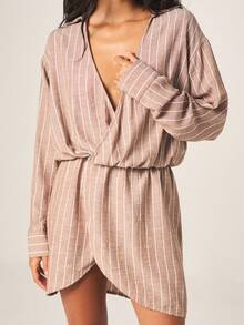 MISSGUIDED Striped Wrap Mini Dress With V-Neck Long Sleeves Casual Tie Detail Fall Winter - Coffee - View 5