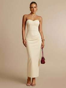 Silquee Đầm ôm sát gợi cảm màu trơn dành cho nữ, kiểu áo corset, không dây, dài đến bắp chân, thích hợp cho mùa thu. - Màu be - Xem 1