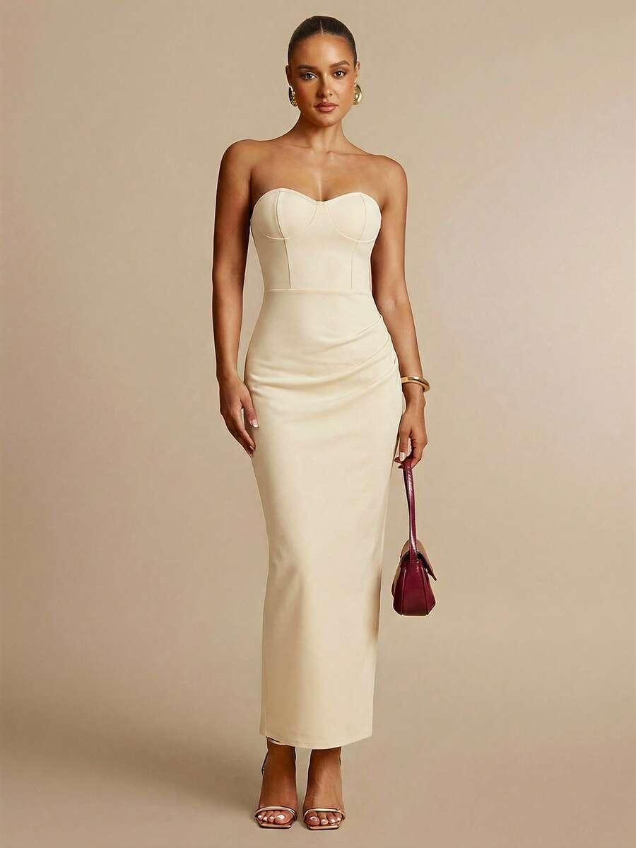 Silquee Đầm ôm sát gợi cảm màu trơn dành cho nữ, kiểu áo corset, không dây, dài đến bắp chân, thích hợp cho mùa thu. - Màu be - Xem 1