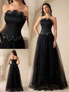 Coutiva Maxikleid für Damen mit Pailletten-Besatz und Mesh-Einsätzen (stark verziert) - Schwarz - Übersicht 4