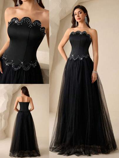 Coutiva Women's Rhinestone Embellished Mesh Patchwork Maxi Formal Dress (Heavily Embellished) Strapless Black Dress Black Bustier Dress Black Corset Dress Black Ball Gown Dress Black Tulle Dress Elegant Sequin Embellished Dress, High-End Formal Gown For Banquet Women's Formal Evening Dress Gown (Heavy Embroidery) Women Rhinestone Embellished Sheer Black Long Evening Gown, Wedding Guest Dress, Elegant Evening Dress, Prom Dress, For Wedding Dress Waist And Chest Slimming, Party Dress, Formal Dress
