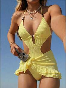 SHEIN Swim Women's Yellow Summer Casual Beach Vacation Holiday Solid Color Halter Tie One-Piece Swimsuit And Mini Skirt, Lemon Cover Up Dress Pool Party - Light Yellow - View 3