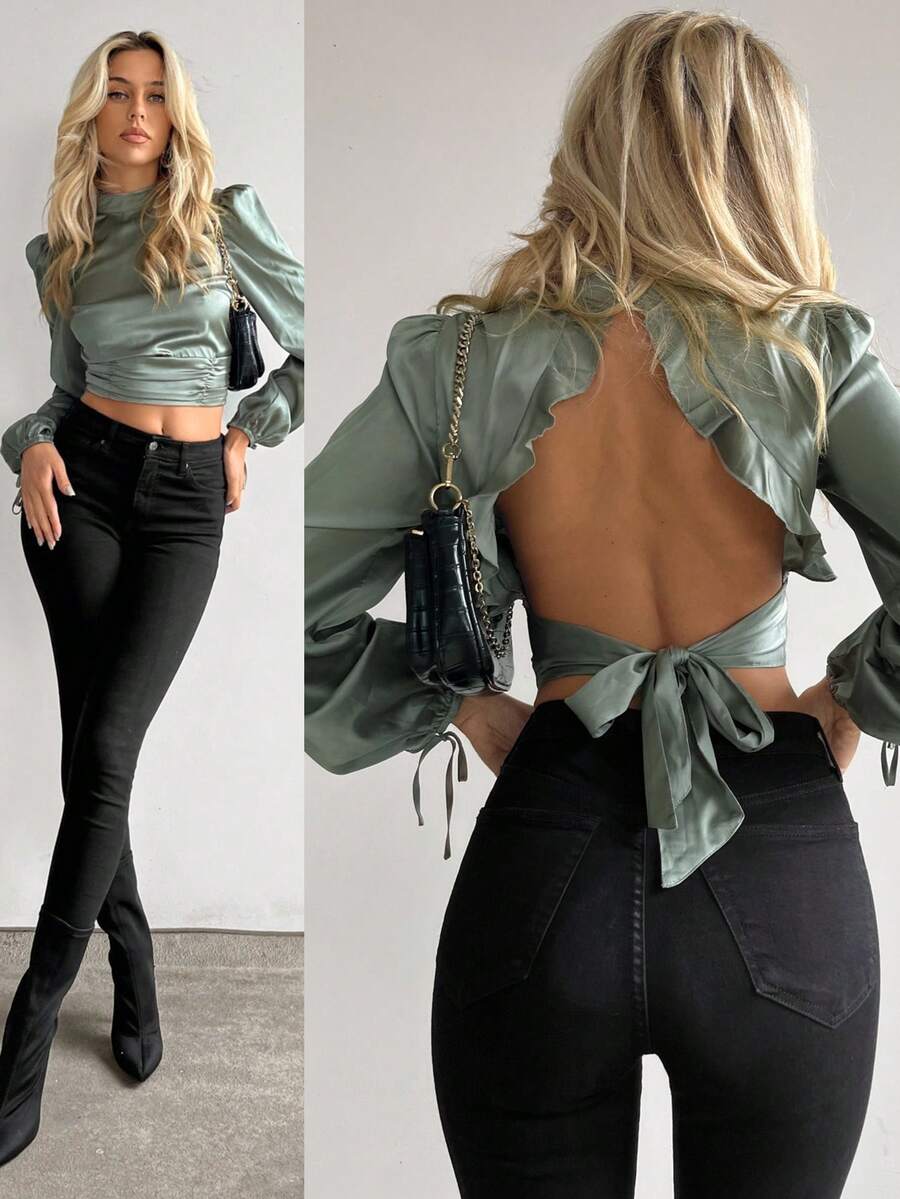 Firerie 荷叶边饰边露背系带袖口短款缎面衬衫、长袖上衣