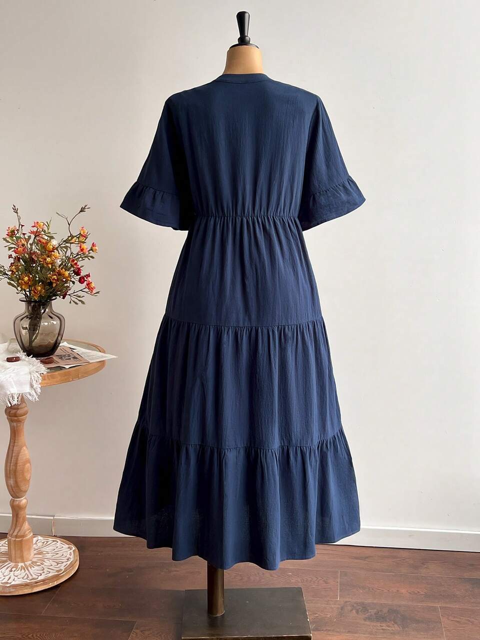 Plus Size Women Casual Bohemian Boho Formal V-Neck Short Sleeve Ruffle Hem Solid Color Dress Summer Outfits Spring Country Style Vacation Navy Blue