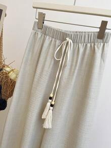 GlowEve 2026夏季新款流苏拼接休闲直筒阔腿百搭裤 - 杏色 - 查看 7