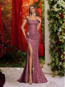 Glamrae 简约奢华串珠刺绣扇形3D褶皱装饰设计修身喇叭裙摆连衣裙，适合宴会、盛会、商务活动、私人下午茶、生日、节日、婚礼及其他女士正式场合。 - 藕粉色 - 查看 7