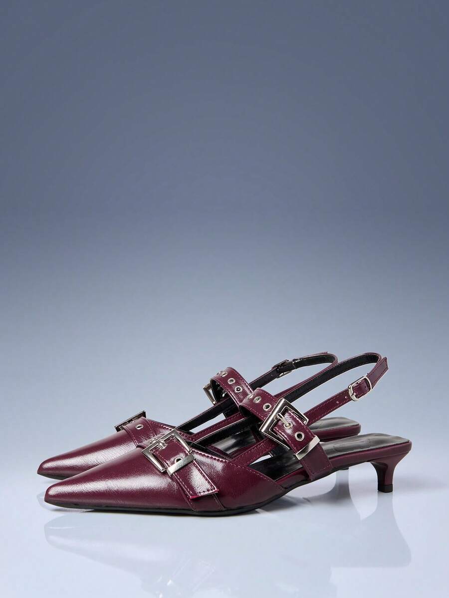 CUCCOO GRLICON Burgundy Patent Leather Pointed Metal Double Buckle With Kitten And Women's High Heels - Burgundy - View 1