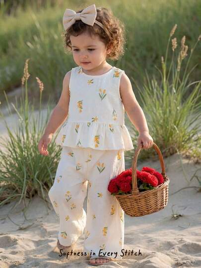 Cozy Pixies Baby Girl Floral Print Ruffle Trim Sleeveless Top And Elastic Waist Pants 2 Piece Set