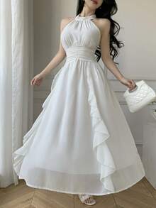 Celisse Women's Casual Elegant Birthday Stand Collar Ruffle A-Line Long Dress, Summer - Beige - View 1