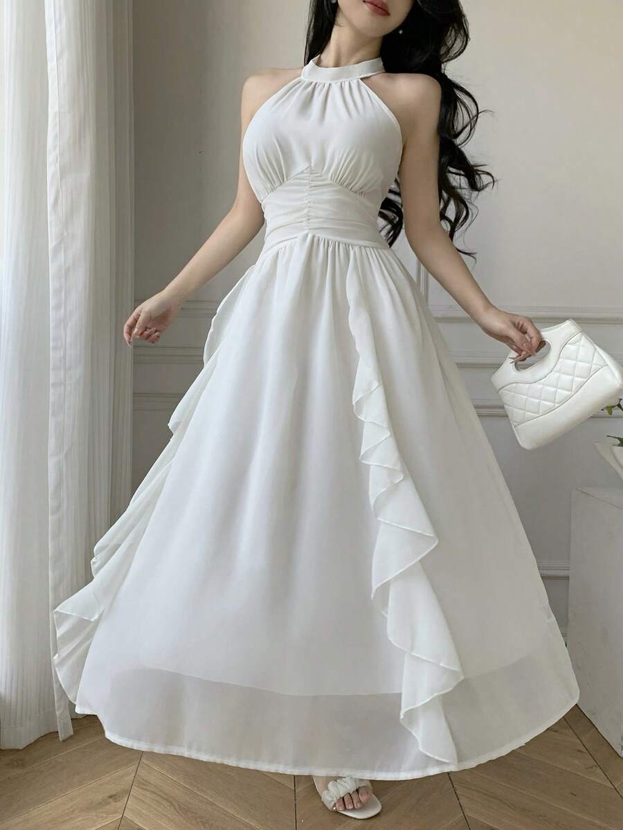 Celisse Women's Casual Elegant Birthday Stand Collar Ruffle A-Line Long Dress, Summer - Beige - View 1