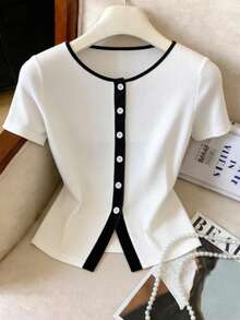 GlowEve Women's Casual Contrast Trim Button Front T-Shirt, Summer - Black and White - View 3