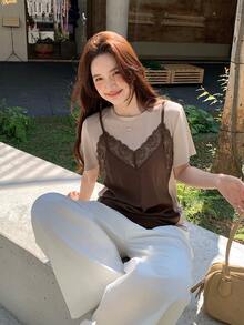 DAZY 女士二合一长袖T恤，韩版，春秋季 - 咖啡棕 - 查看 4