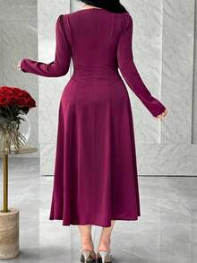 Feyla Plus Size Women's Solid Color Round Neck Long Sleeve Bow Decor Elegant Dress - Burgundy - View 3