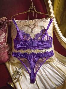 PinupPomp Plus Size Women's Purple Embroidered Underwire Bowknot Sexy Lingerie Set - Purple - View 2