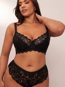 SHEIN BAE 1pc Women Plus Size Lace Patchwork Underwire Bra, Comfortable, Lift - Black - View 4
