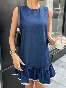 Siren Gaze 女士时尚休闲无袖短款牛仔连衣裙 - 深色水洗藍 - 查看 4