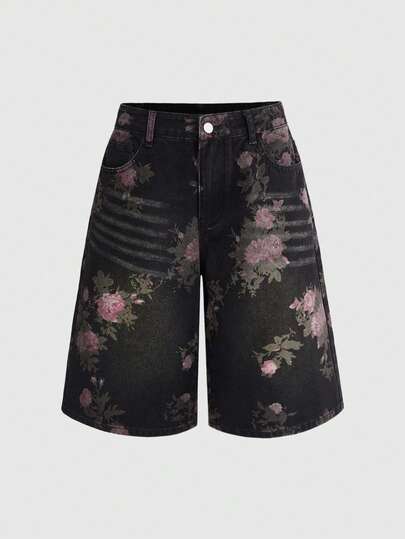 ROMWE Fairycore 复古印花水洗牛仔短裤，女士夏季穿搭