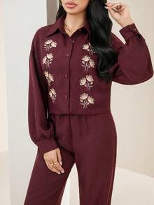 Veilorie Women's Fashion Arabic Style Shirt & Pants Set - Red - View 3