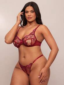 SHEIN BAE Conjunto De Lencería De Tanga Con Malla Transparente Y Bordado Floral De Talla Grande Y Con Aros - Burdeos - Ver 6