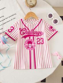 SHEIN Babygirl Casual Sports Cute Letter & Stripe Short Sleeve Loose Top - Hot Pink - View 2