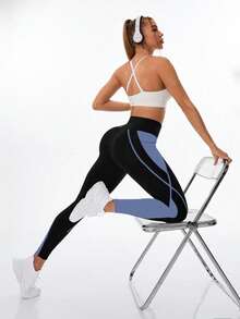 Exploreva Fitted High Waist Comfortable Breathable Contrast Color Sports Leggings - Iron Gray - View 3