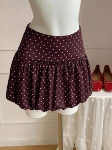 Comfortcana 女士极简波点印花A字迷你裙，休闲日常穿着，棕色波点迷你裙，可爱百褶裙 - 棕色 - 查看 6