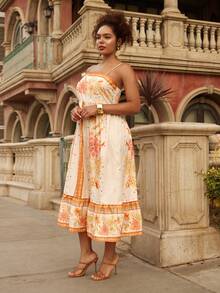 Travachic 大码女士度假印花休闲吊带裙，春夏，女士夏季服装，女士沙滩装，女士，春假，女士音乐会服装，波西米亚风，锐舞服装，热带度假，节日，浪漫夏季连衣裙，女士波西米亚风连衣裙，女士热带风连衣裙，女士连衣裙，度假新款，女士连衣裙 - 橘色 - 查看 6