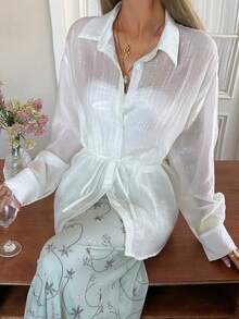 DAZY Women's Turndown Collar Long Sleeve Semi-Sheer Cinched Waist Loose Vacation Blouse - White - View 4