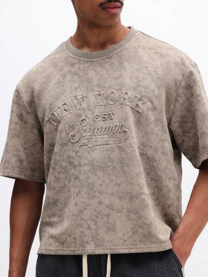 SUMWON Men's New York Dreams Vintage Washed Short Sleeve Crew Neck T-Shirt With Embossed Text Print Regular Fit Casual Streetwear Tee