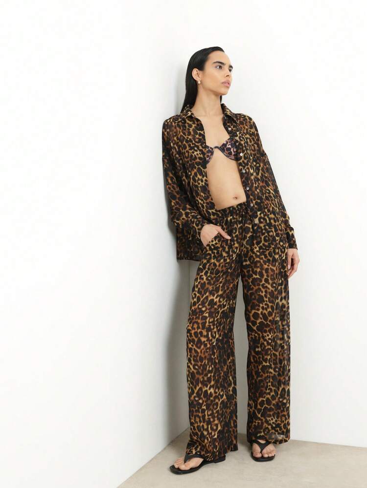 KSTM Leopard Print Two Piece Lounge Set Long Sleeve Button Up Shirt Wide Leg Pants Matching Outfit Loungewear Sleepwear Pajama Set