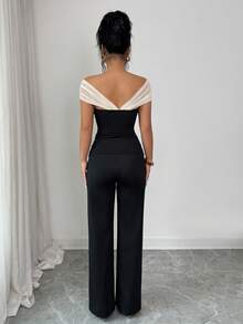 Elenzga Conjunto de 2 piezas con top de hombros descubiertos con parches de malla y pantalones rectos para mujer - Negro - Ver 2