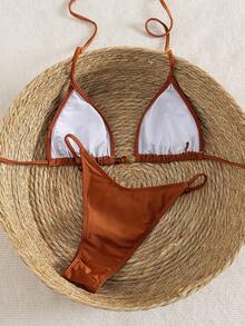 Swim Vcay Spring Break Summer Beach Solid Color Irregular Beaded Decor Halter Neck Tie Sexy Bikini 2-Piece Set - Brown - View 2