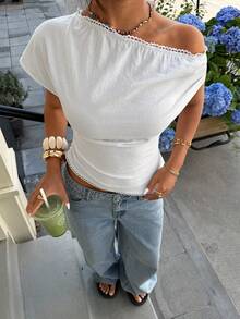 Muchica Áo thun nữ dáng ôm, vai lệch, chất liệu 95% cotton, phù hợp cho đi làm hàng ngày, hẹn hò, dự tiệc, mùa thu/đông/hè, Giáng sinh, Năm mới, Lễ Tạ ơn, Tiệc tùng, Đám cưới, Bãi biển, Lễ tốt nghiệp, Thời trang, Thanh lịch, Thường ngày, Đi chơi, Hẹn hò, Đặt chỗ, Đi làm, Lấp lánh, Ngày Valentine, Thanh lịch, Kỳ nghỉ, Thường ngày, Y2K, Đi chơi, Lễ tốt nghiệp - trắng - Xem 1