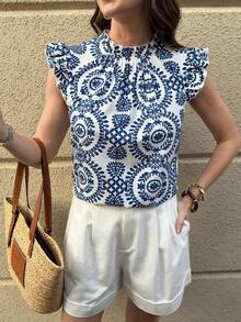 Solivie 女士休闲日常荷叶边印花衬衫，夏季 - 白色 - 查看 6