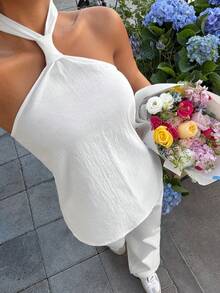 Muchica 夏季白色上衣，白色吊带背心，派对风格，女士夏季时尚，露背衬衫，水洗亚麻上衣，露背女式上衣 - 白色 - 查看 5