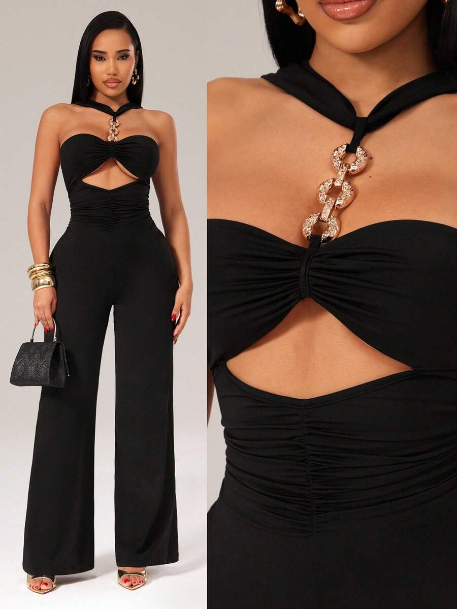 Radiana 女士性感优雅独特黑色金属链条吊带连体裤，修身阔腿连体裤，休闲裤，适合日常外出、夜生活、派对、鸡尾酒会、俱乐部、晚宴、约会、音乐会、度假、节日等场合。 - 黑色 - 查看 1