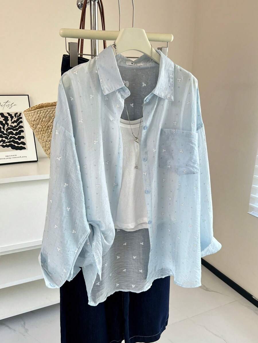 K-Vae Heart Print Loose Casual Long Sleeve Shirt - Blue - View 1