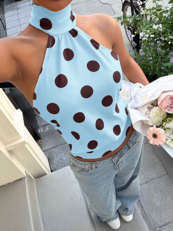 Muchica Women's Blue Polka Dot Print Fashionable Backless Camisole, Suitable For Outings, Streetwear, Y2K Style, Polka Dot Top