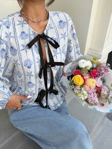 SHEIN EZwear Women's Casual Shell Print Lantern Sleeve Tie Front Shirt, Autumn - White - View 6