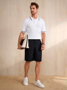 Manfinity CityGents Men's Contrast Stripe Print Button Casual Short Sleeve Knit Top - Multicolor - View 5