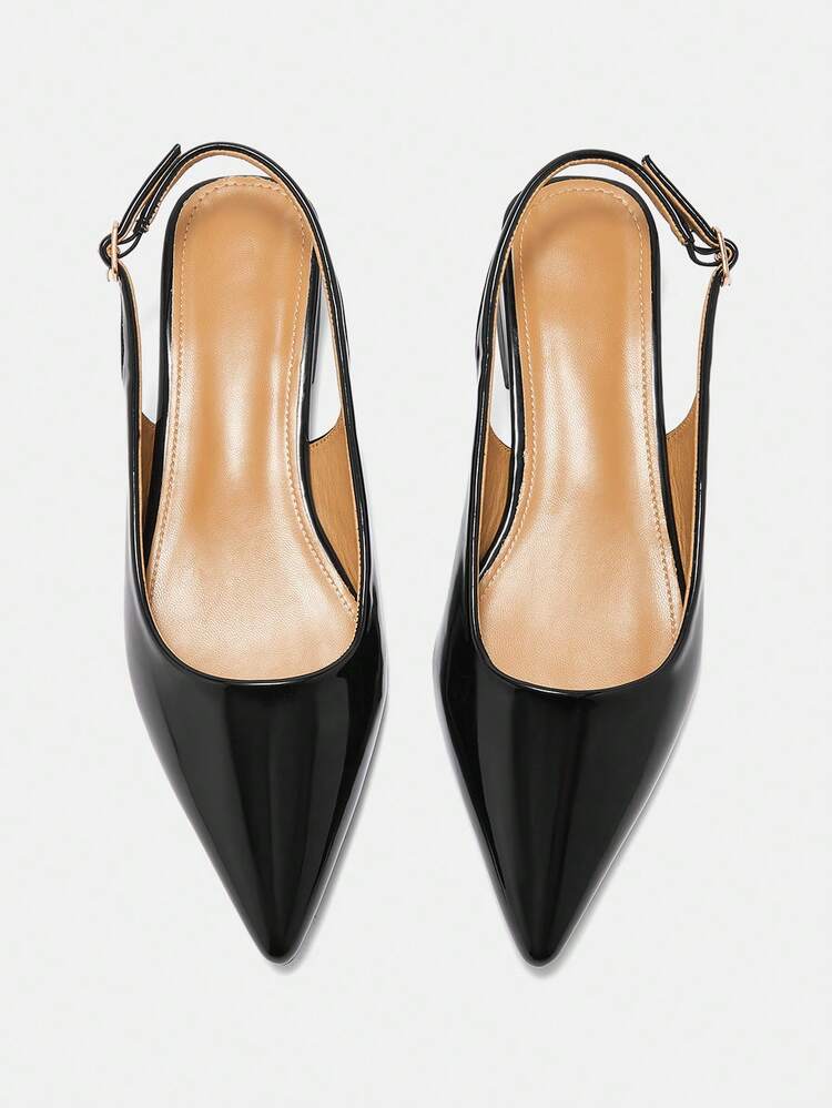 CUCCOO CURVES Women Shoes Wide Fit Fashion Pointed Thick Heel Black Back Strap Slingback Women's Shoes Simple Classic Daily Comfort Fattened High Heel Women's Shoes Plus Size Valentine's Day