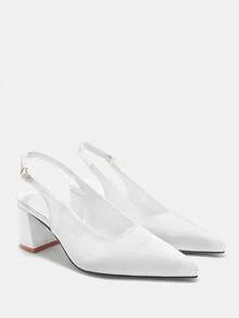 CUCCOO CURVES 女鞋 女士尖头纯白缎面搭扣设计日常百搭时尚宽楦高跟鞋 - 白色 - 查看 7