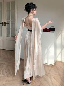 DAZY Pink And Black,Summer,Elegant,Party White Shiny Shawl-Style Bow Decor Dress,Suitable For Valentine's Day,Wedding,Formal Occasion,Fashion Event Dress - Pink - View 9