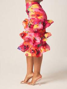 MISSGUIDED Women's Pink Floral Floral Printed Ruffle Midi Skirt With Tiered Frills And High Waist Design For Spring Summer Occasions Vacation Sexy - Multicolor - View 6