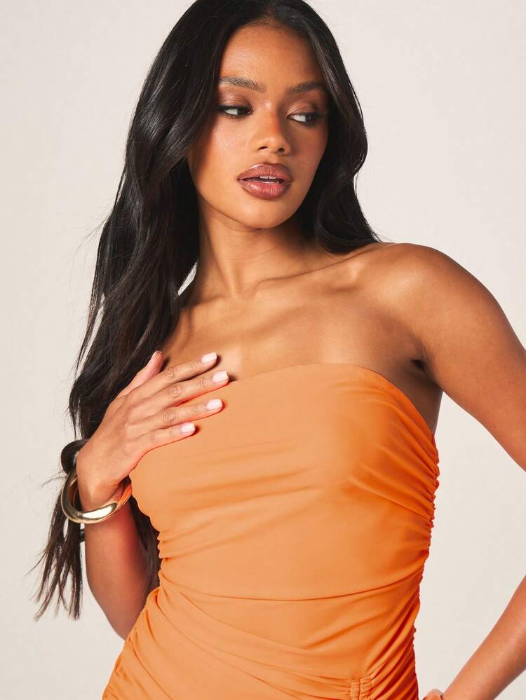 MISSGUIDED Strapless Orange Ruched Bodycon Mini Dress With Side Drawstring Detail For Party Cocktail Evening Occasions