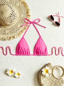 Swim Basics Top de bikini sexy de unicolor con atar al cuello para mujer - Rosa - Ver 3
