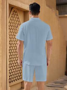 Manfinity VCAY Men's Solid Color Mandarin Collar Short Sleeve Button Front Shirt And Shorts Set, Casual Daily Outfit,Summer Vacation Beach Wear Boyfriend Gift - Blue - View 3