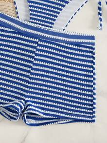 Swim Vcay 3pcs Women's Striped Textured Fabric Vacation Casual Summer Beach Bikini Set And Briefs Striped Bikini Beach Set For Women Summer Bathing Suits - Blue - View 5