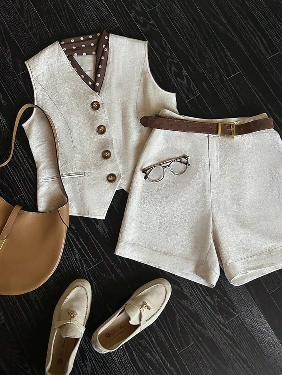 GlowEve Women's Summer Casual Commuting Vest And Shorts 2 Pieces Set - Apricot - View 1