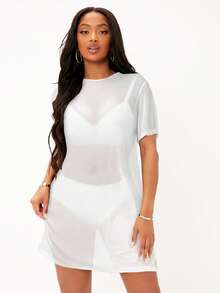 SHEIN SXY Rochie de vară sexy pentru femei, culoare uni, transparentă, cu mânecă scurtă - alb - Vizualizare 3